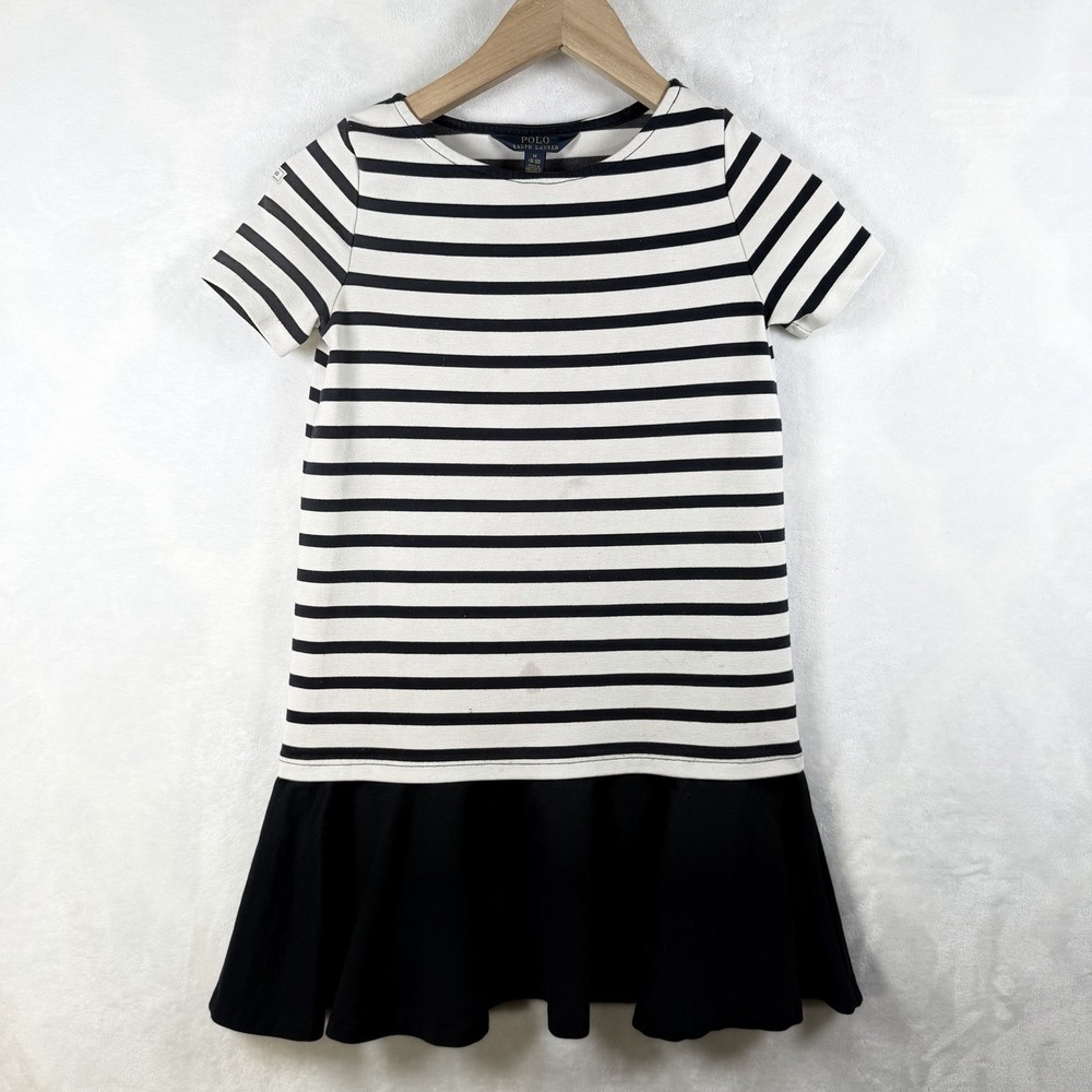Polo Ralph Lauren Dress Girls M 8-10 Navy White Striped T-Shirt Knit Ruffle Hem